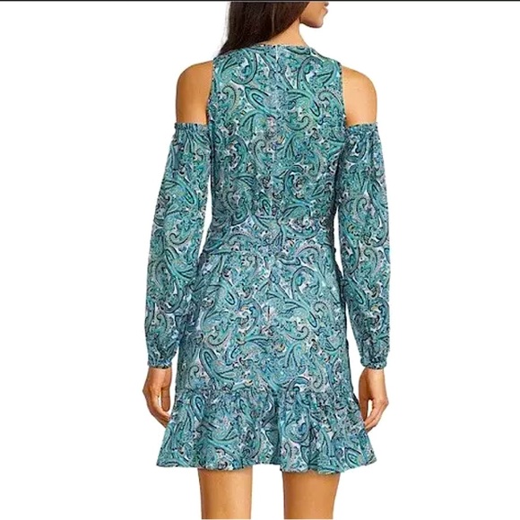 ✅Michael Kors Paisley Print Cold Shoulder Long Sleeve DRESS NWT - Picture 2 of 7